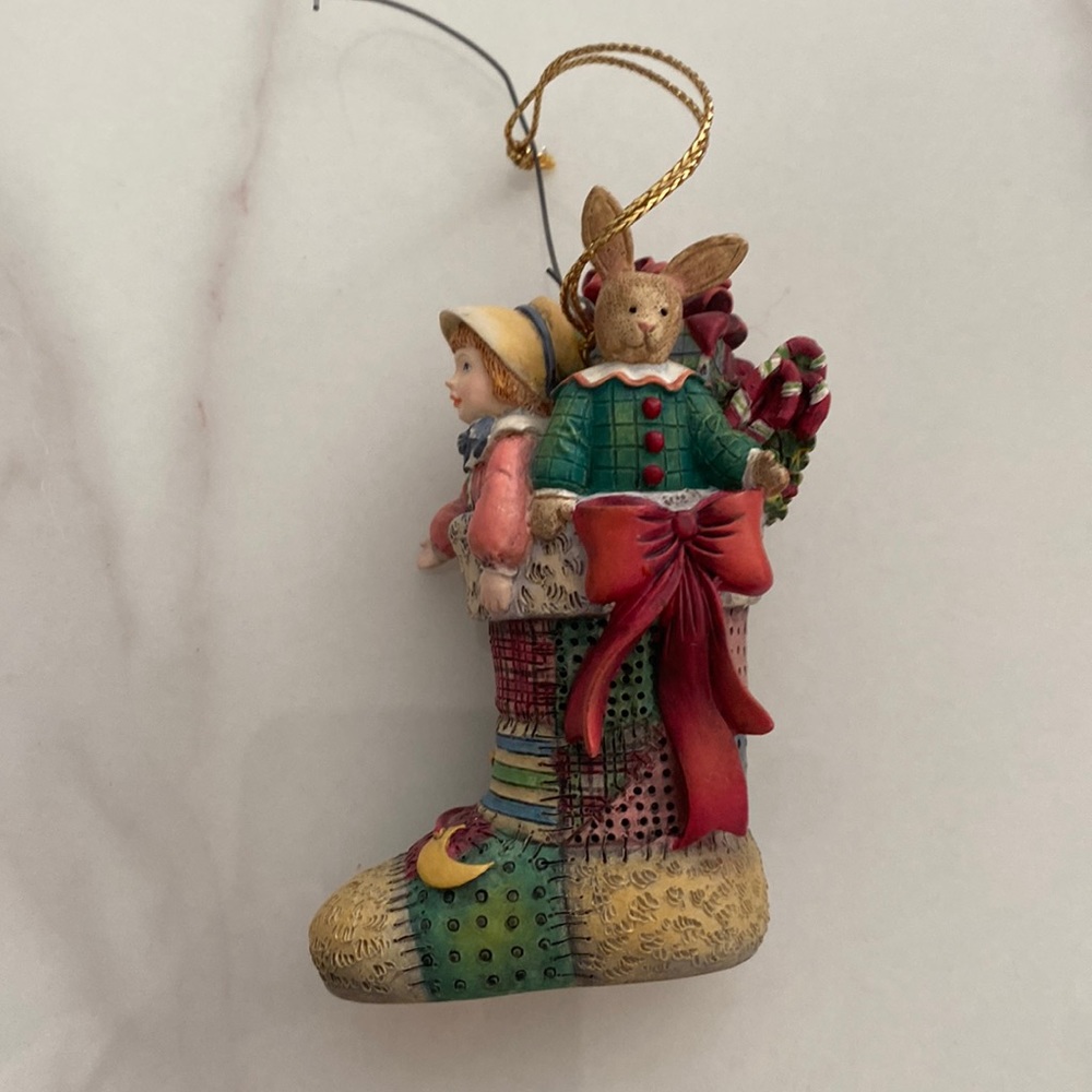 Vintage Christmas ornament bunny, doll ribbon